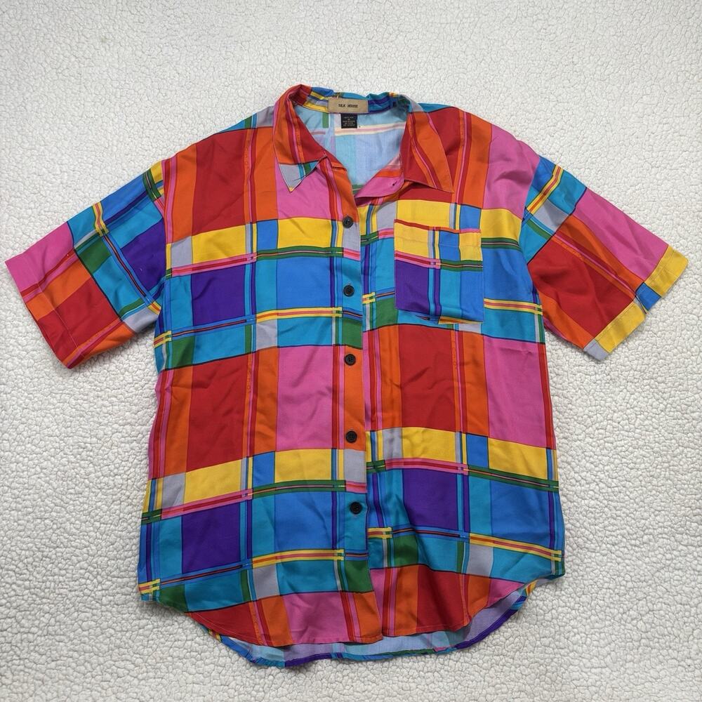 Vintage Silk House Blouse 100% Silk Retro Block Print Colorful Womens M Button